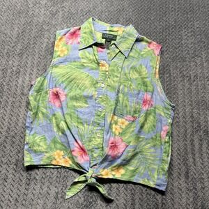 Lauren Ralph Lauren Linen Sleeveless Button Up‎ Top Floral Tie EUC Vintage Sz 12